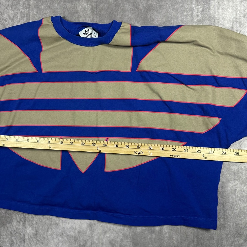 Adidas Originals Womens L Blue Tan Oversized Trefoil Graphic Crop Boxy T-Shirt - Picture 4 of 5